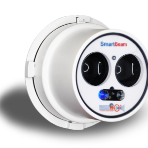 Autoaligning motorized beam smoke detector with app control.