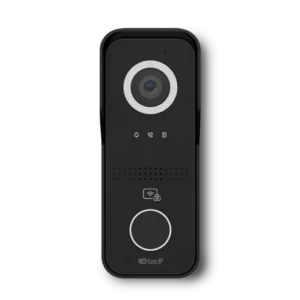 Black video doorbell with circular lens at the top and a large circular doorbell button below, by BasIP