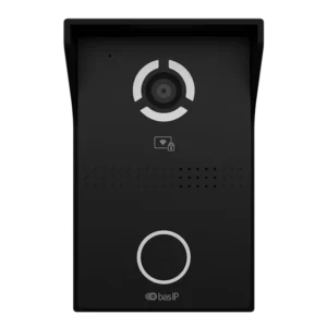 Wall-mounted security intercom with camera at top and a large circular call button, BasIP branding visible.