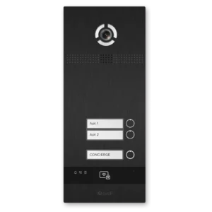 Vertical building intercom panel with camera at top, three call buttons labeled Apt 1, Apt 2, and CONCIERGE with circular status indicators, and a bottom control bar with icons